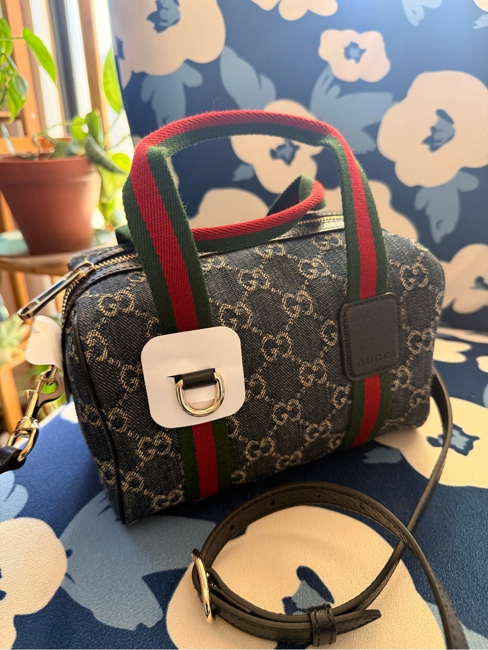 New Gucci Black Monogram Mini Satchel with Red & Green Web Straps